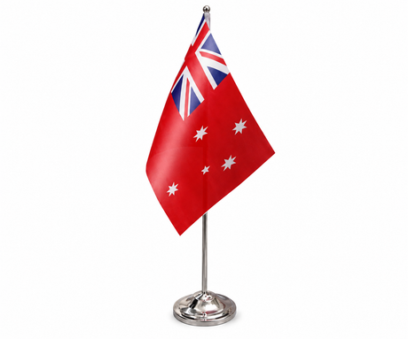 Australia Red Ensign satin table flag 9 x 6 inches with telescopic chrome pole and round base
