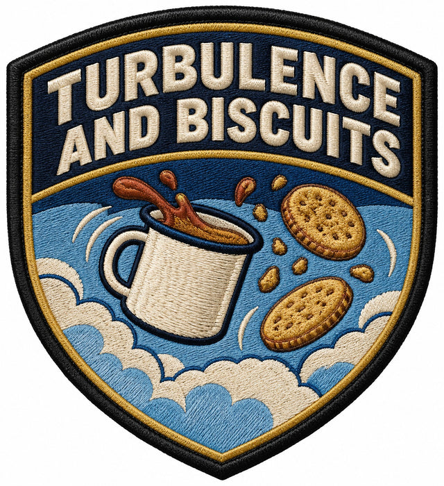 Turbulence And Biscuits embroidered patch design preview - 120mm