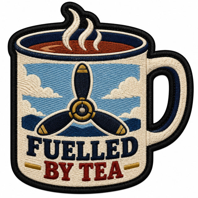 Fuelled By Tea embroidered patch design preview - 110mm