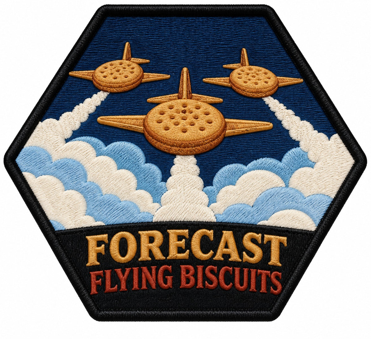 Forecast Flying Biscuits embroidered patch design preview - 120mm
