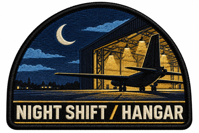 Night Shift Hangar embroidered patch design preview - 110mm