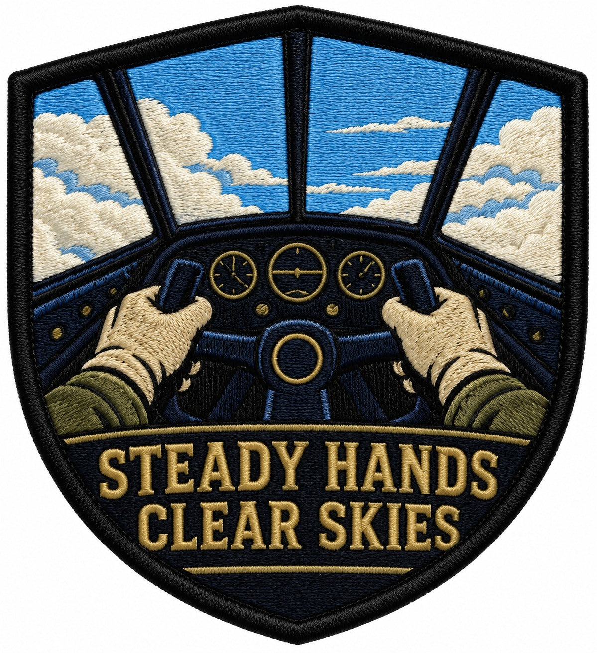 Steady Hands Clear Skies embroidered patch design preview - 120mm