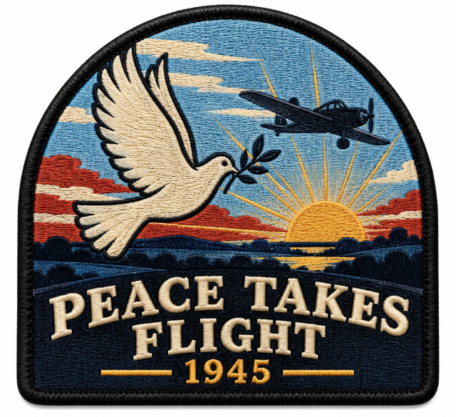 Peace Takes Flight 1945 embroidered patch design preview - 130mm