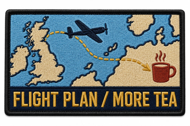 Flight Plan More Tea embroidered patch design preview - 120mm