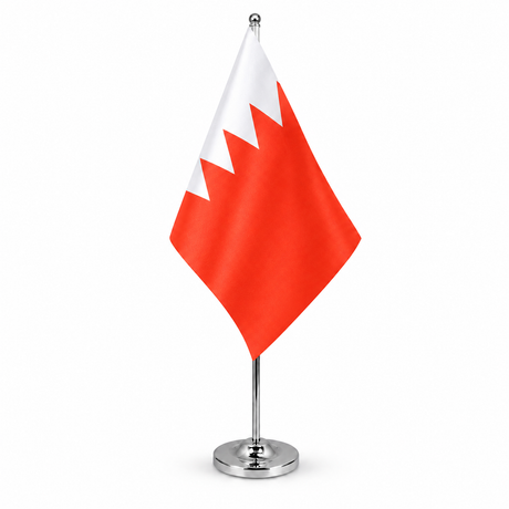 Bahrain satin table flag 9 x 6 inches on telescopic chrome pole and round base