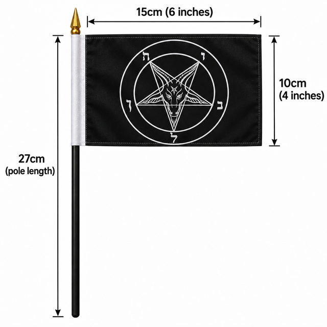 Baphomet Church of Satan black hand flag 6 x 4 inches, 27cm pole and pointed gold finial