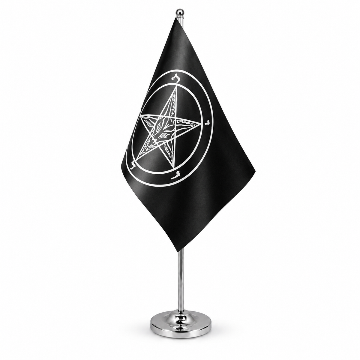 Baphomet Church of Satan satin table flag 9 x 6 inches on telescopic chrome pole and round base
