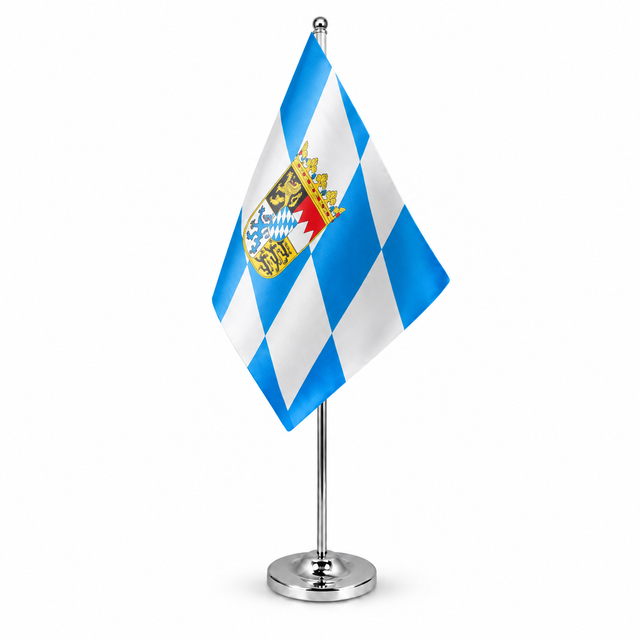 Bavaria Crest satin table flag 9 x 6 inches on telescopic chrome pole and round base