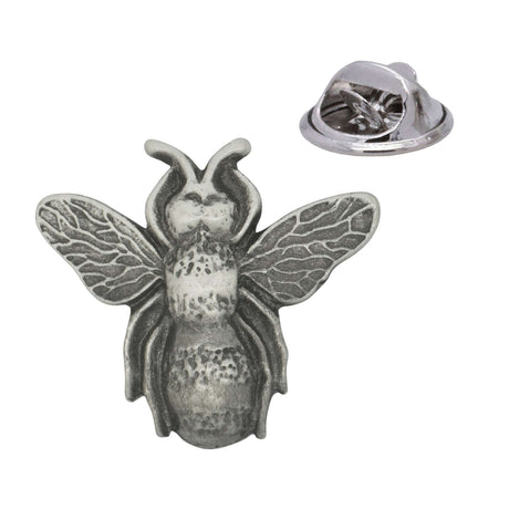 Bee pewter lapel pin badge with detailed wings and textured body, butterfly clutch fastening