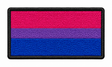 Bi Pride rectangular embroidered patch with pink, purple and blue stripes and a black border, 90mm x 45mm