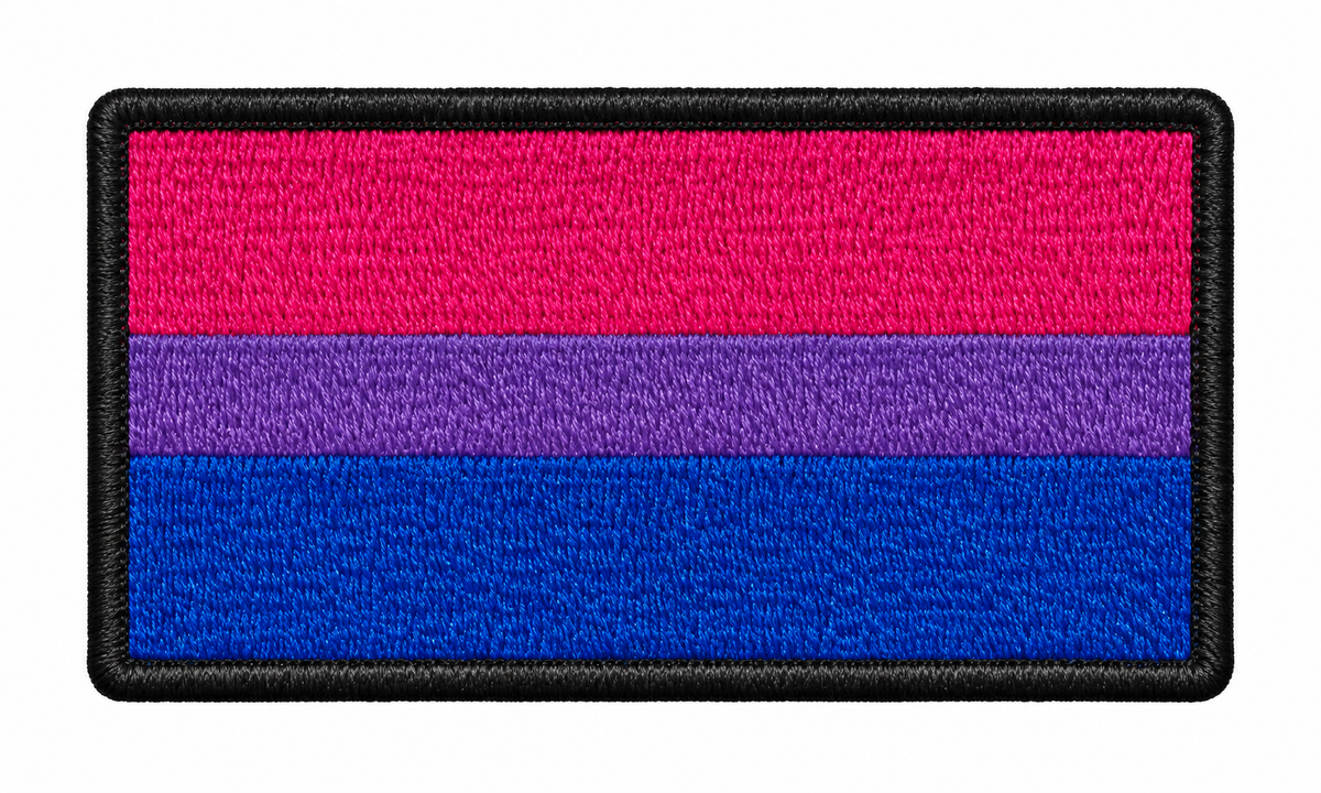 Bi Pride rectangular embroidered patch with pink, purple and blue stripes and a black border, 90mm x 45mm
