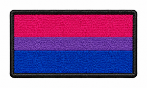Bi Pride rectangular embroidered patch with pink, purple and blue stripes and a black border, 90mm x 45mm