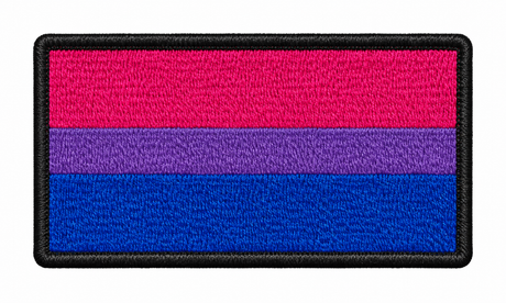 Bi Pride rectangular embroidered patch with pink, purple and blue stripes and a black border, 90mm x 45mm