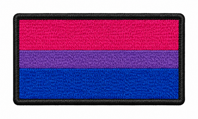 Bi Pride rectangular embroidered patch with pink, purple and blue stripes and a black border, 90mm x 45mm