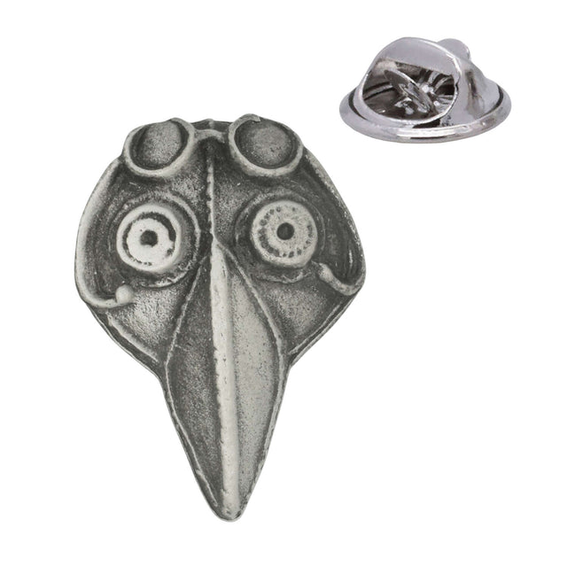 Bird mask pewter lapel pin badge with long pointed beak, round eye details and butterfly clutch fastening