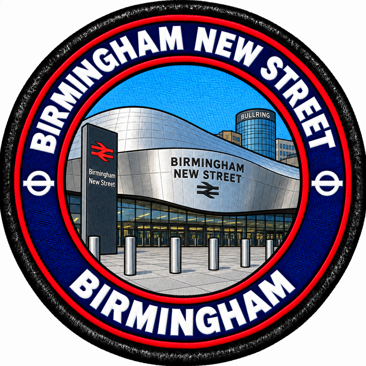 Round 80mm embroidered patch showing a stylised Birmingham New Street station entrance with silver cladding, rail signs and BIRMINGHAM lettering, finished with a black border.