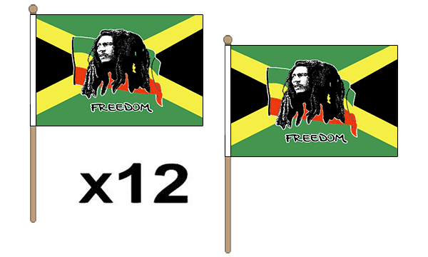 Flagmania Bob Marley (Jamaica) wooden hand flags, 9x6 inch, pack of 12, no bases