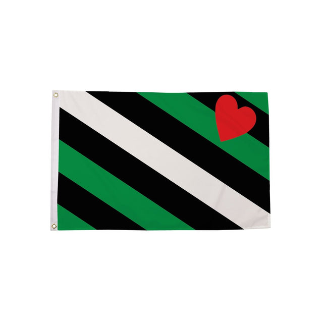 Boi Pride Flag 5ft x 3ft with green black and white stripes and red heart