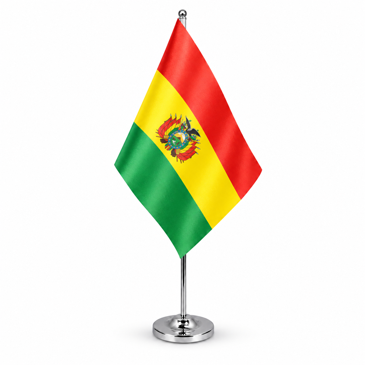 Bolivia satin table flag with coat of arms on chrome pole and round base