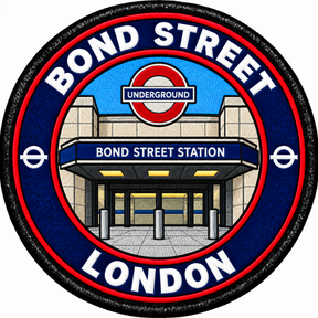 Round 80mm embroidered patch showing a stylised Bond Street station entrance beneath an Underground roundel, finished with a black border.