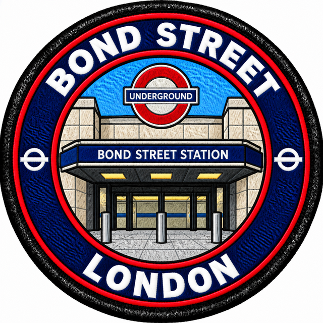 Round 80mm embroidered patch showing a stylised Bond Street station entrance beneath an Underground roundel, finished with a black border.