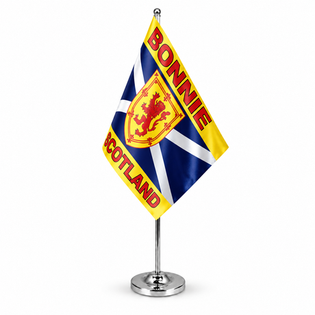 Bonnie Scotland satin table flag with lion rampant shield and chrome stand