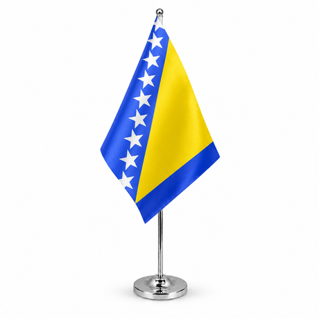 Bosnia and Herzegovina satin table flag on chrome pole and round base
