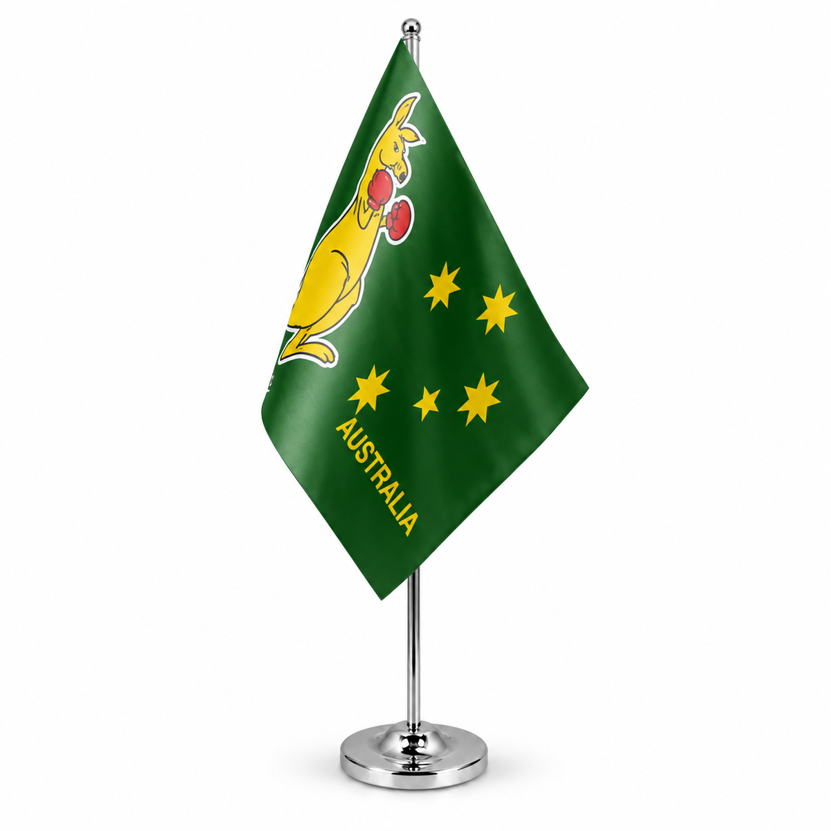 Boxing Kangaroo Australia satin table flag on chrome pole and round base