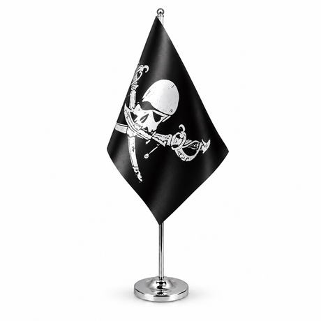Brethren of the Coast black pirate satin table flag with chrome stand
