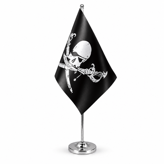 Brethren of the Coast black pirate satin table flag with chrome stand
