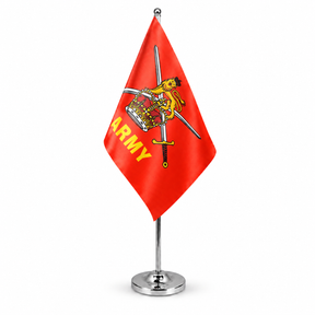 British Army red satin table flag on telescopic chrome pole and round base