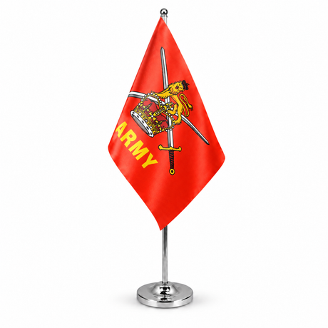 British Army red satin table flag on telescopic chrome pole and round base
