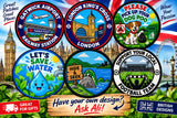 Promotional collage of British themed embroidered patches with an invitation to ask Ali about custom designs
