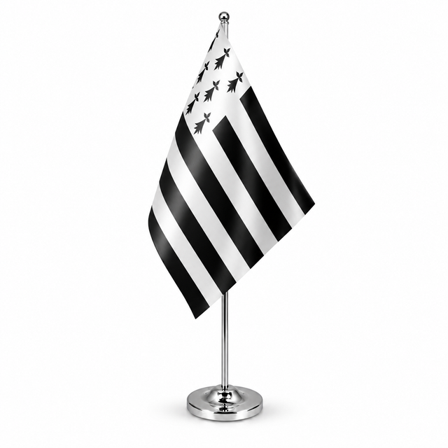 Brittany Gwenn ha Du satin table flag on chrome pole and round base