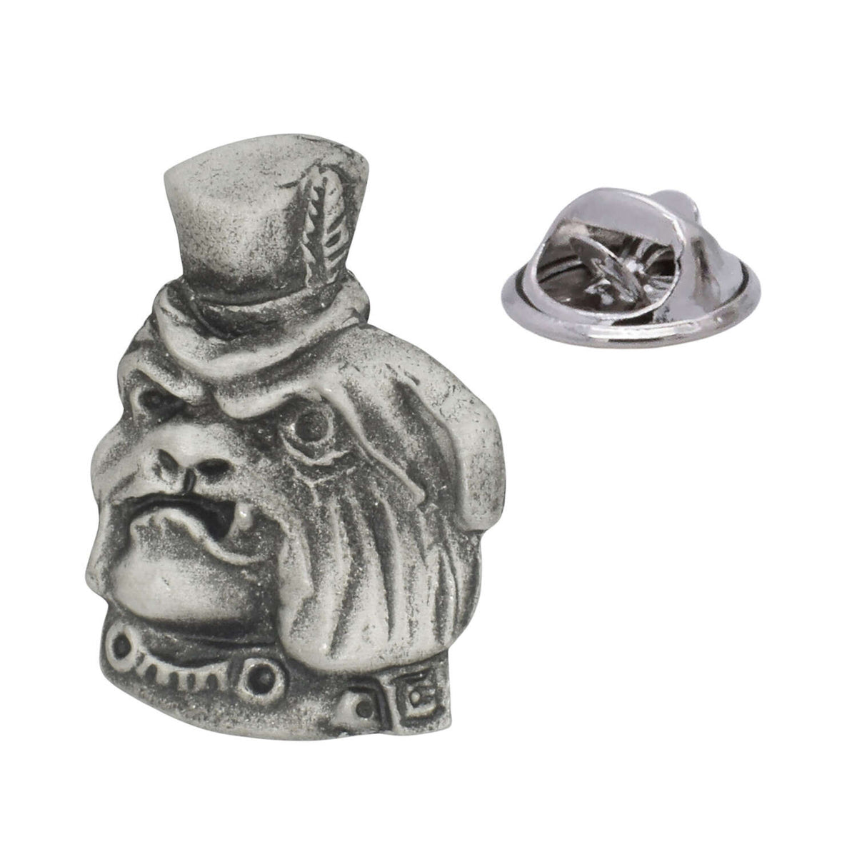 Bulldog wearing a small top hat and studded collar antique silver-tone pewter lapel pin badge