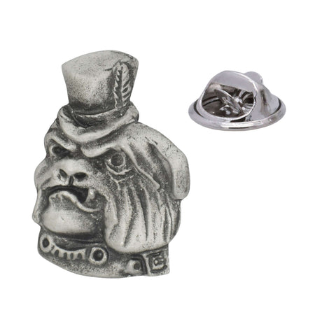Bulldog wearing a small top hat and studded collar antique silver-tone pewter lapel pin badge