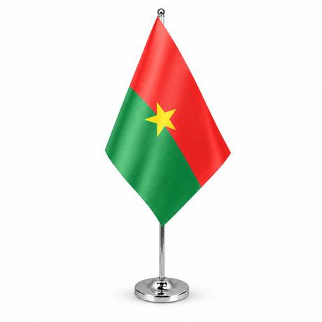Burkina Faso satin table flag on telescopic chrome pole and round base