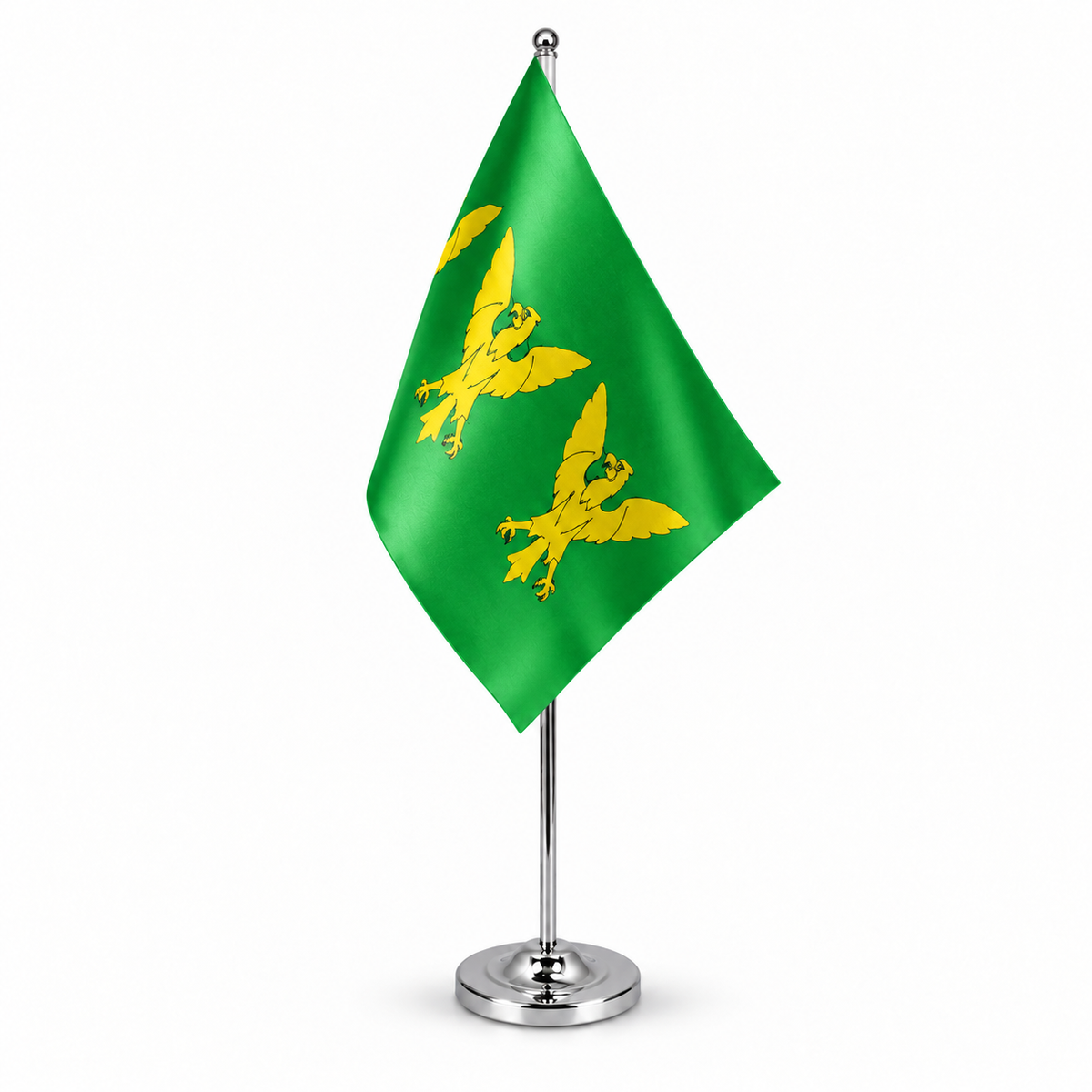 Caernarfonshire green satin table flag with gold eagles on chrome stand