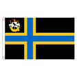 Caithness county flag with blue and gold Nordic cross and ship on black, 5ft x 3ft