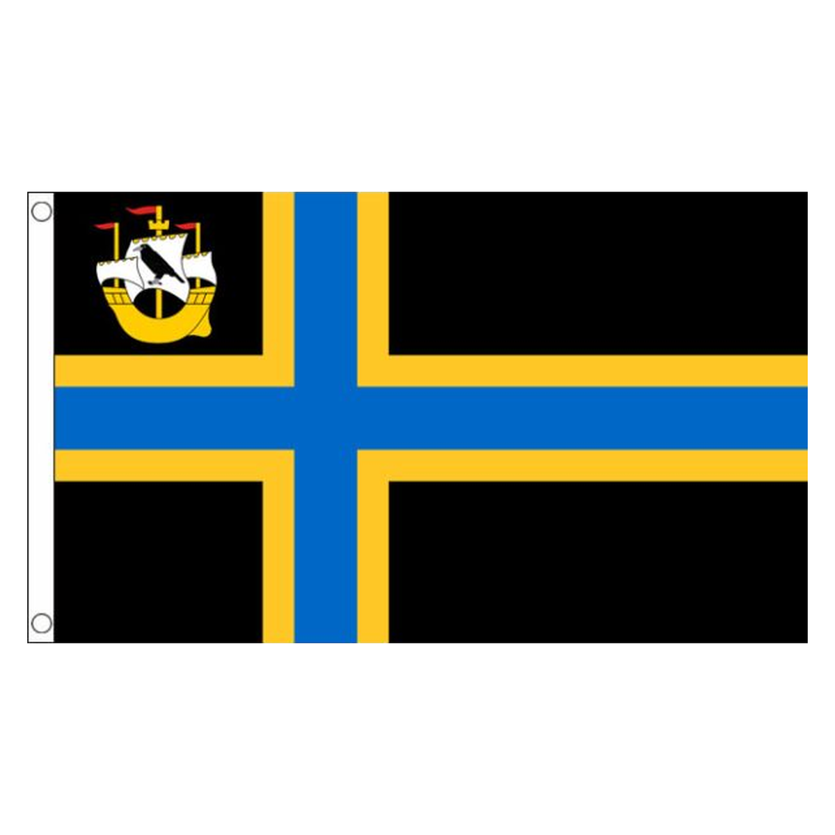 Caithness county flag with blue and gold Nordic cross and ship on black, 5ft x 3ft