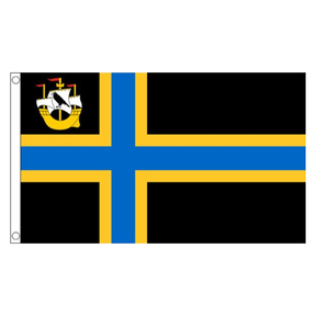 Caithness county flag with blue and gold Nordic cross and ship on black, 5ft x 3ft