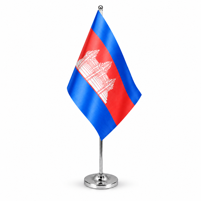 Cambodia satin table flag with Angkor Wat on chrome pole and round base
