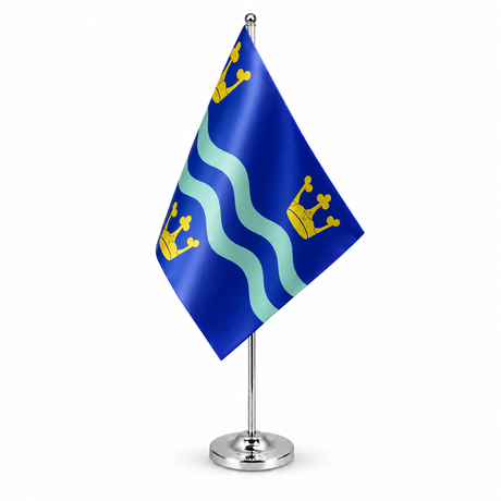 Cambridgeshire Blue satin table flag with gold crowns on chrome stand