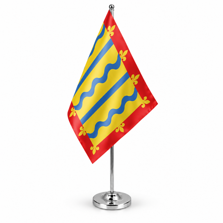 Cambridgeshire Red satin table flag on chrome pole and round base