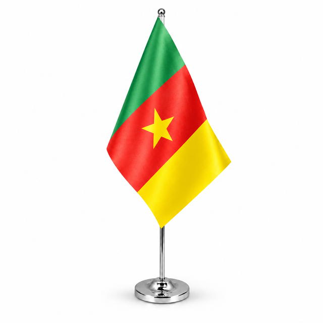 Cameroon satin table flag on telescopic chrome pole and round base