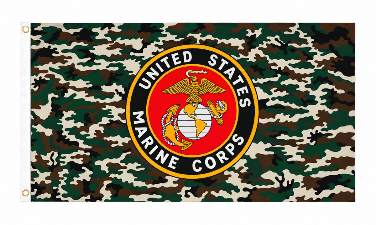Camo Marine flag with United States Marine Corps emblem, 5ft x 3ft