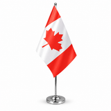 Canada maple leaf satin table flag on chrome pole and round base