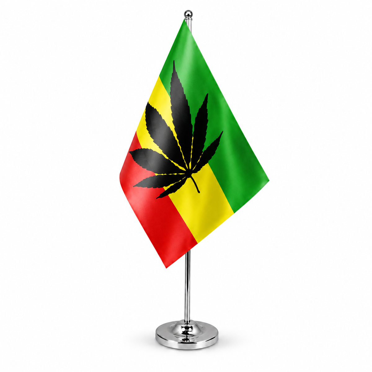 Cannabis Reggae satin table flag on telescopic chrome pole and round base
