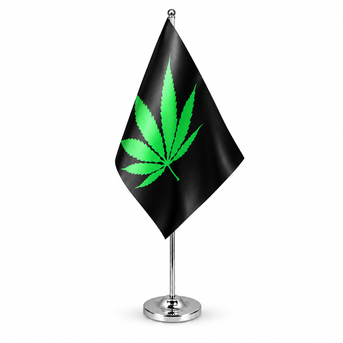 Black Cannabis satin table flag with green leaf on chrome pole and round base
