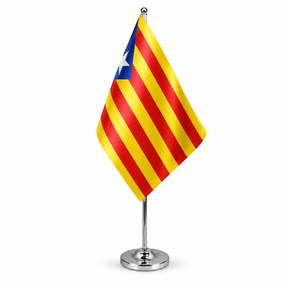 Catalan Independence Estelada satin table flag on chrome pole and round base